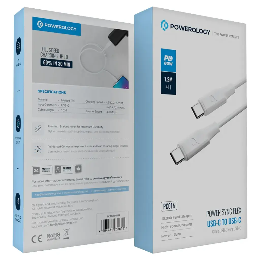 POWEROLOGY POWER SYNC FLEX USB C TO USB C CABLE 1.2M WHITE PCAB014WH thumbnail 4