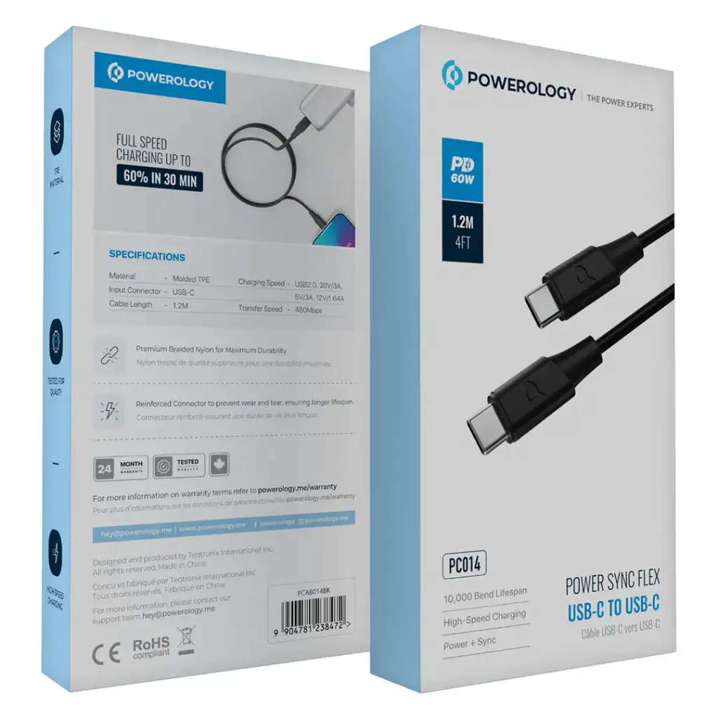POWEROLOGY POWER SYNC FLEX USB C TO USB C CABLE 1.2M BLACK PCAB014BK thumbnail 3