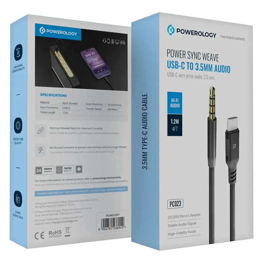 POWEROLOGY SYNC WEAVE USB C TO 3.5MM AUDIO CABLE 1.2M GRAY PCAB023GY thumbnail 3