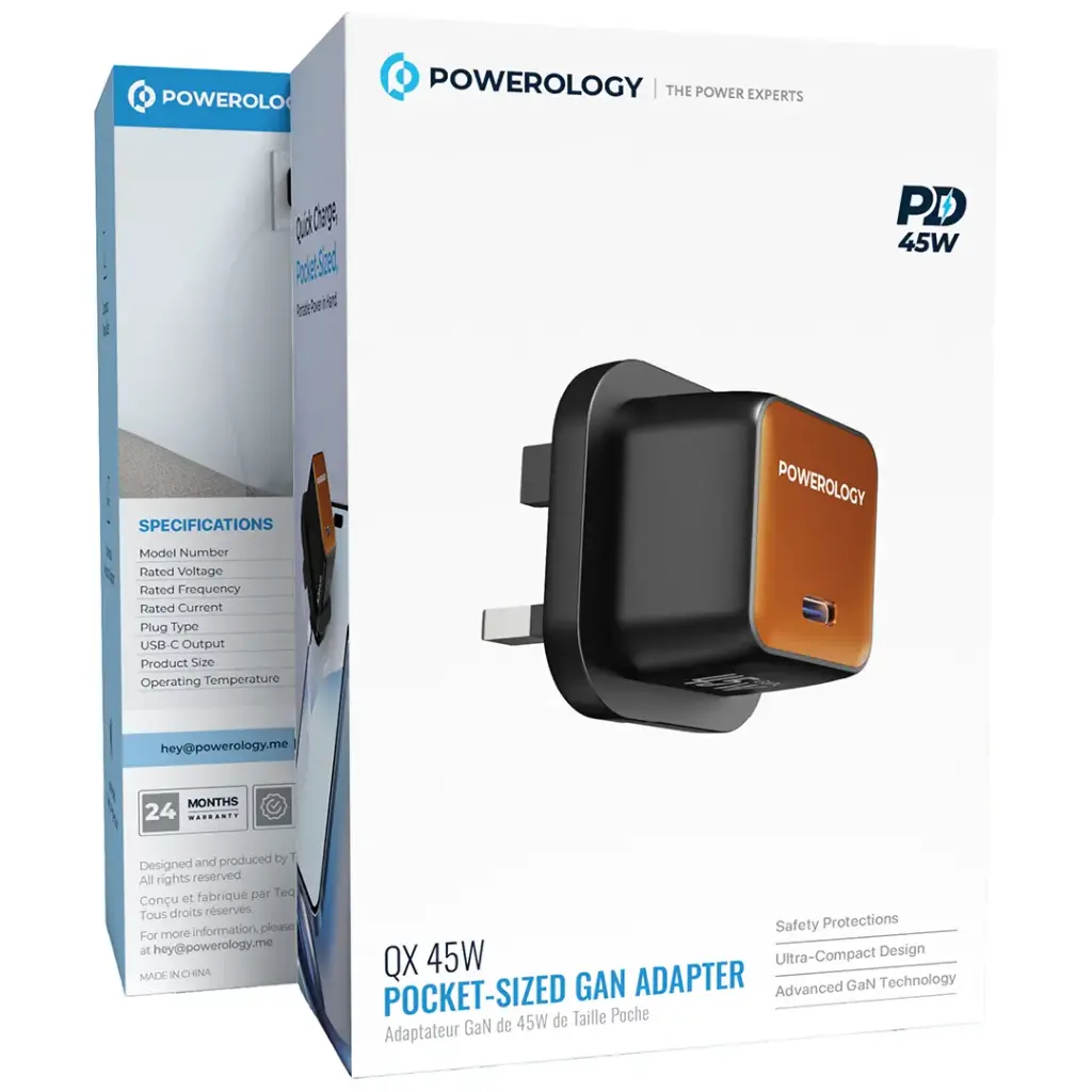 POWEROLOGY QX 45W POCKET SIZED GAN ADAPTER BLACK/ORANGE PWCUQC055BKOG thumbnail 2