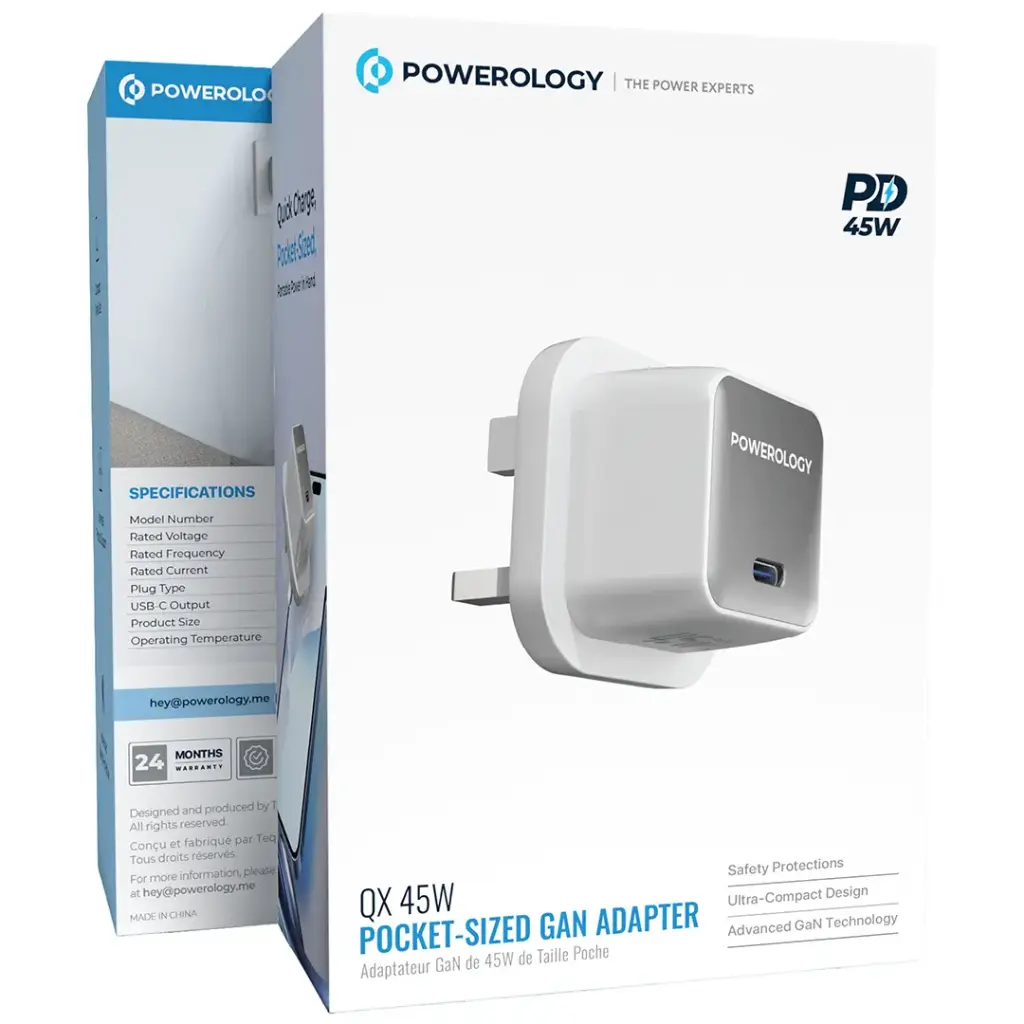 POWEROLOGY QX 45W POCKET SIZED GAN ADAPTER WITH TYPE C CABLE WHITE PWCUQC055WHC thumbnail 2
