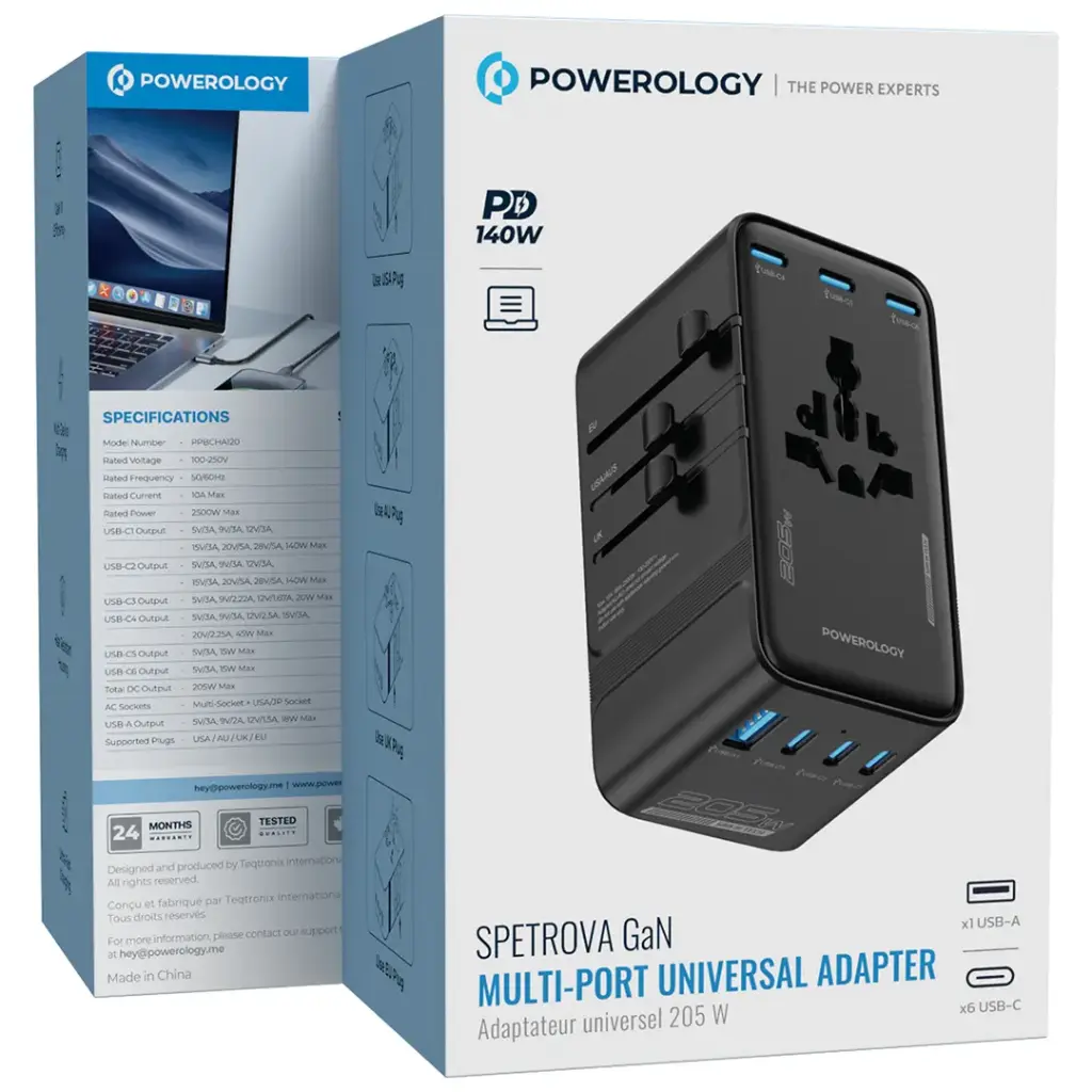 POWEROLOGY SPETROVA GAN MULTI PORT UNIVERSAL ADAPTER PD 140W BLACK PPBCHA120BK thumbnail 6