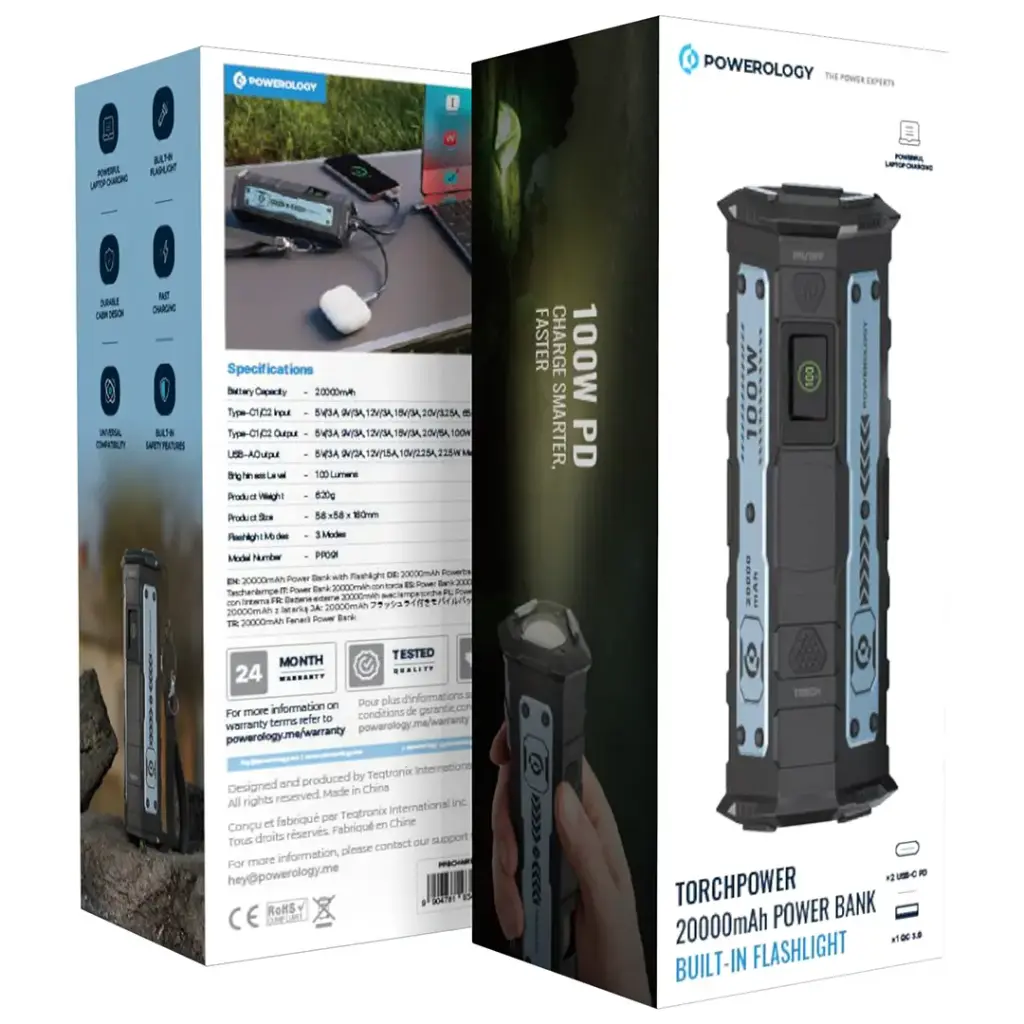 POWEROLOGY TORCHPOWER 20000MAH POWER BANK BUILT IN FLASHLIGHT BLACK PPBCHA91BK thumbnail 5