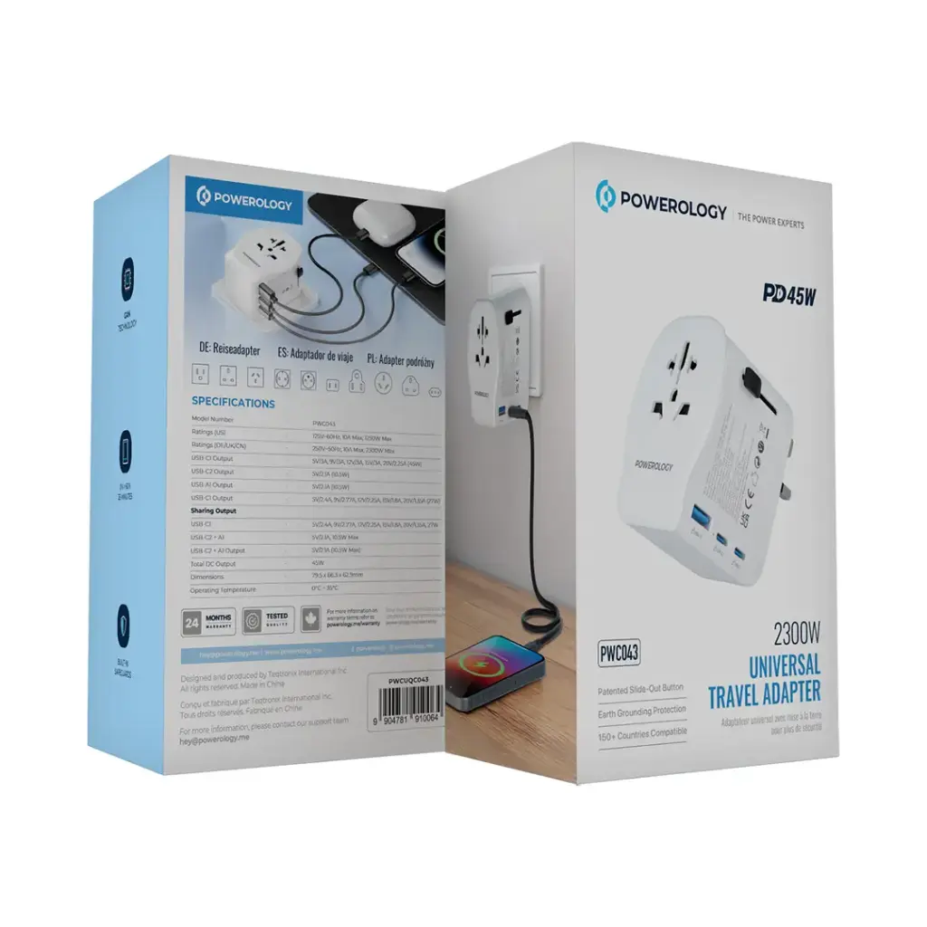 POWEROLOGY UNIVERSAL TRAVEL ADAPTER PD 45W 2300W WHITE PWCUQC043 thumbnail 2