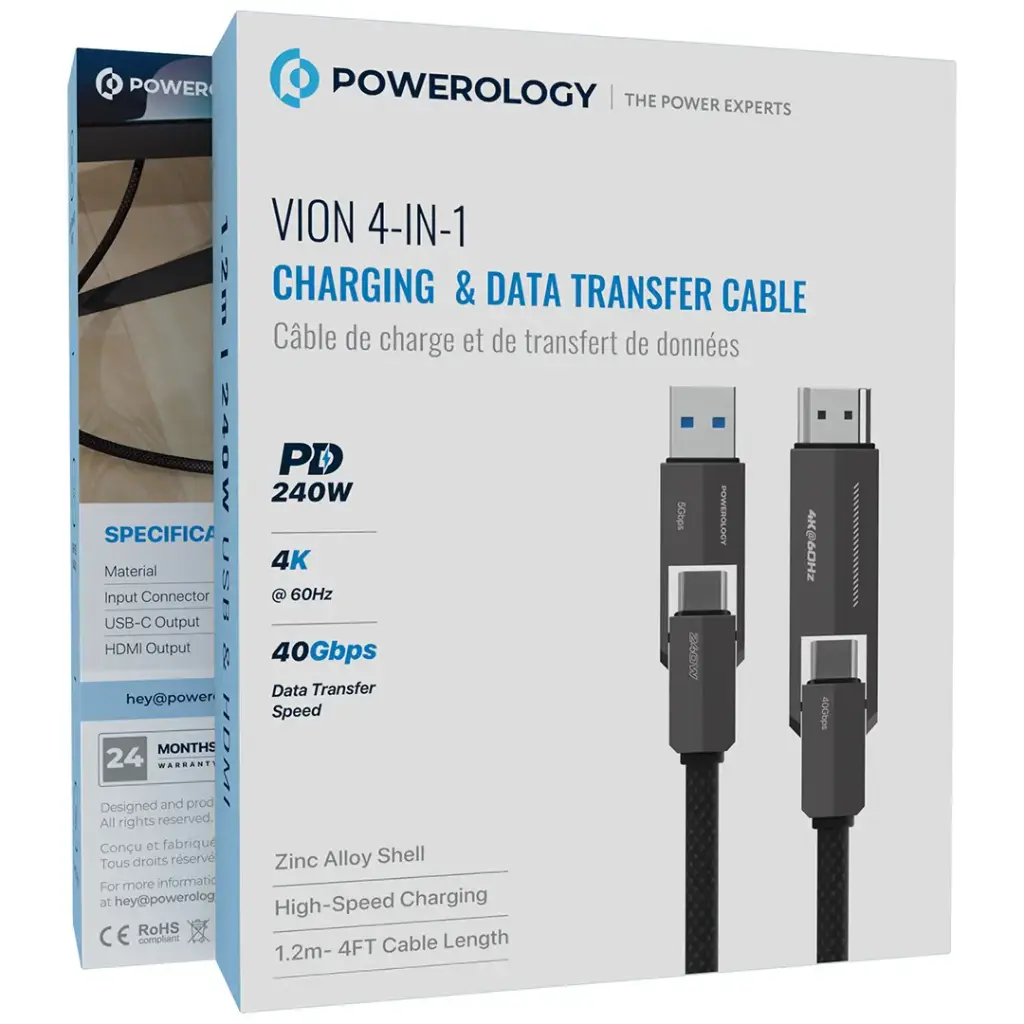 POWEROLOGY VION 4 IN 1 CHARGING AND DATA TRANSFER CABLE 240W BLACK PCAB034BK thumbnail 2