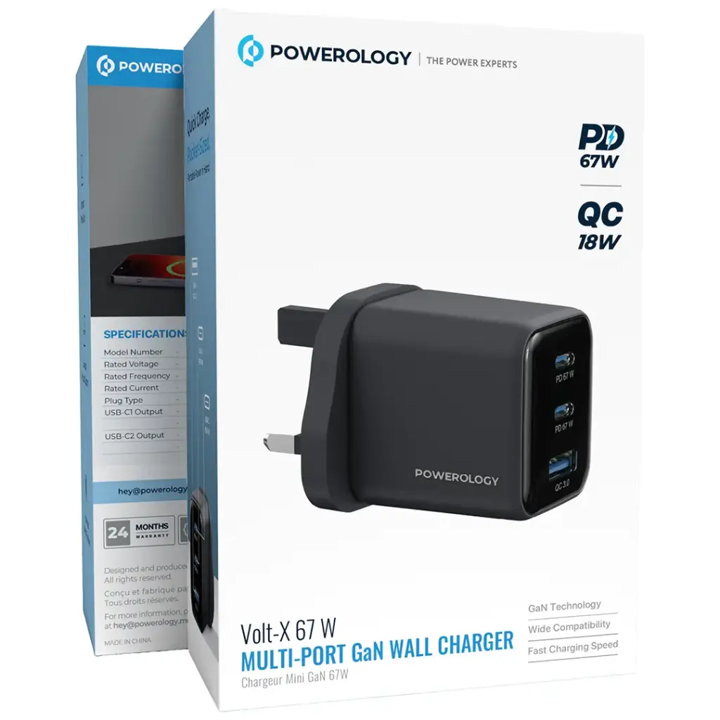 POWEROLOGY VOLT-X 67W MULTI PORT GAN WALL CHARGER PD67W BLACK PWP5467BK