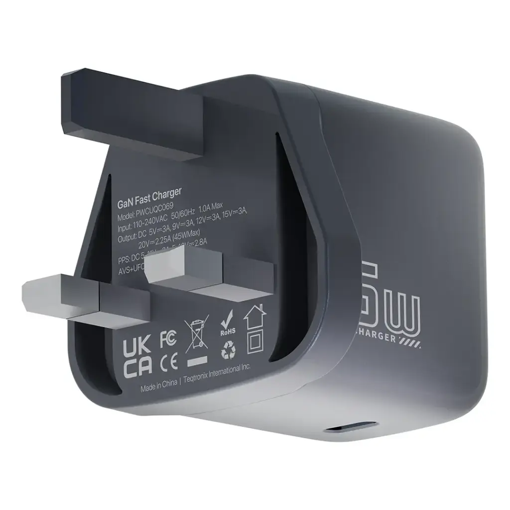 POWEROLOGY VOLTFLOW 45W AVS GAN WALL CHARGER WITH USB C TO USB C CABLE GRAY PWCUQC069CGY thumbnail 2