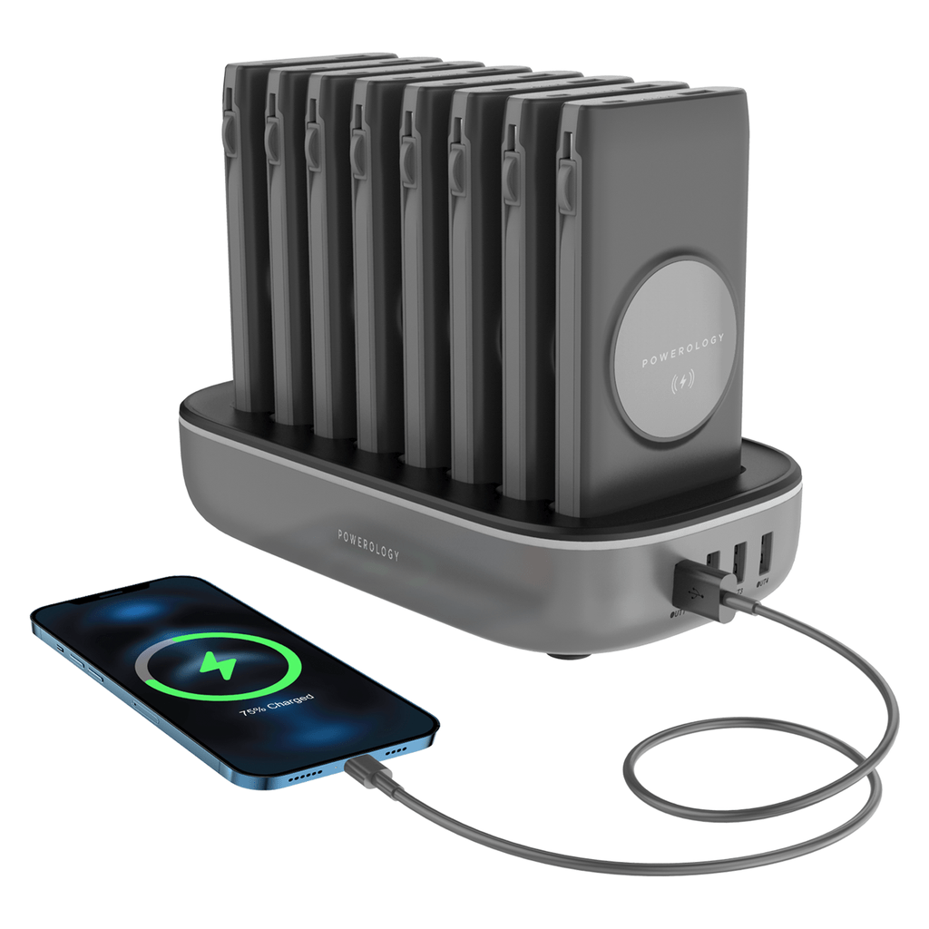 POWEROLOGY 8 IN 1 WIRELESS POWER BANK STATION 10000MAH WITH BUILT CABLE LIGHTNING AND TYPE C 15W PD20W BLACK PPBCHA1081-BK