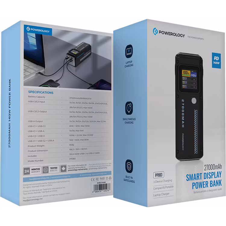 POWEROLOGY POWER BANK 27000MAH PD 140W WITH SMART DISPLAY PP083 BLACK PPBCHA83 thumbnail 2