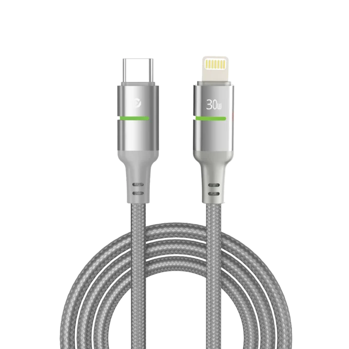 POWERO PLUS LUCENT ALLOY BRAIDED CABLE WITH LED INDICATOR TYPE C TO LIGHTNING 30W 1.2M GREY PR-LCBD12CL-GY