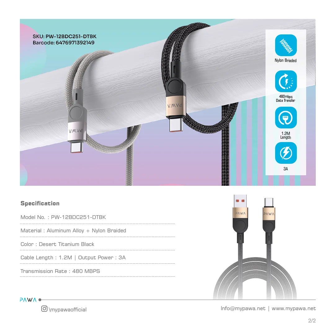 PAWA LEVIN USB A TO TYPE C 3.1A BRAIDED CABLE 1.2M DESERT BLACK PW-12BDC251-DTBK thumbnail 4