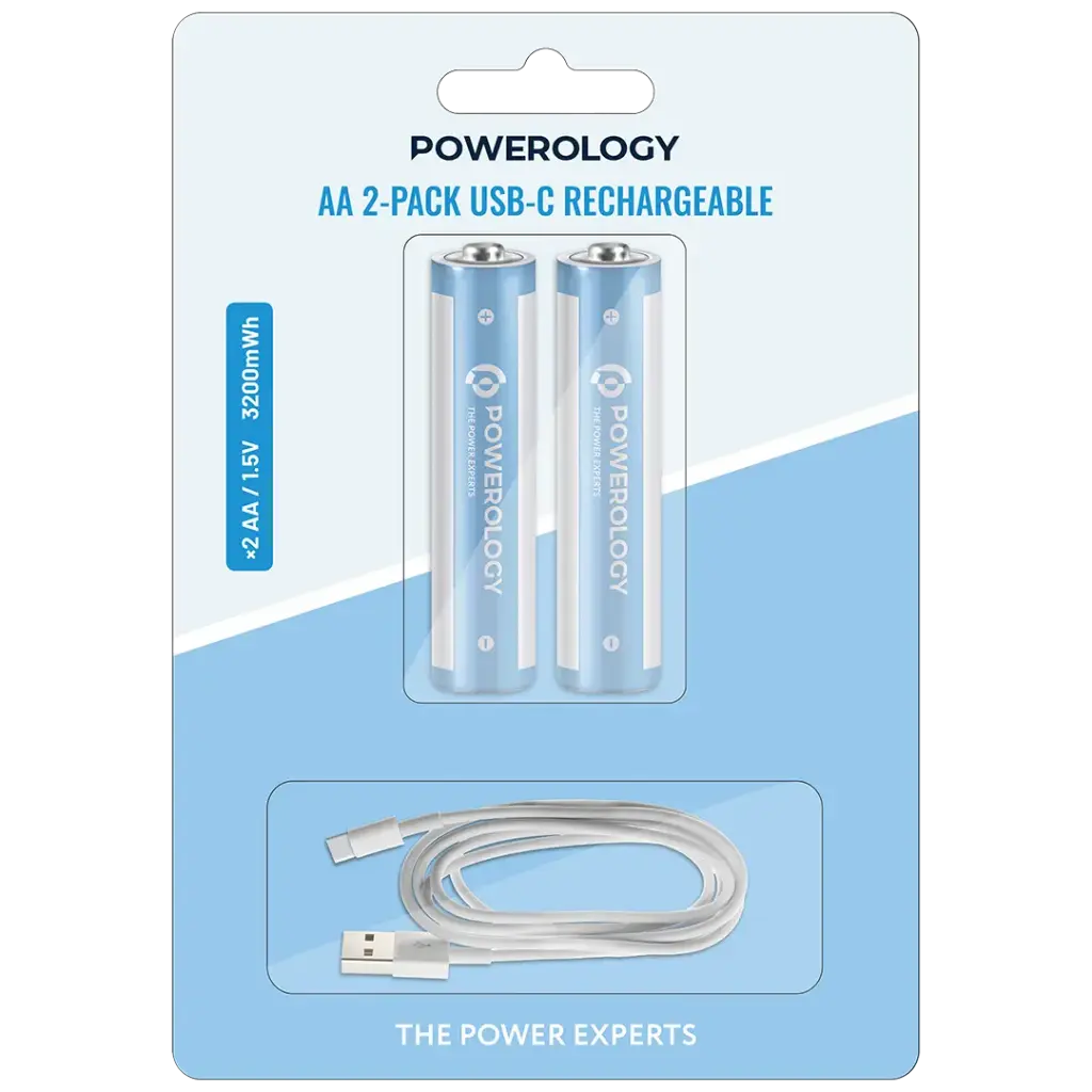 POWEROLOGY AA 2 PACK USB C RECHARGEABLE WHITE/BLUE PWAA322