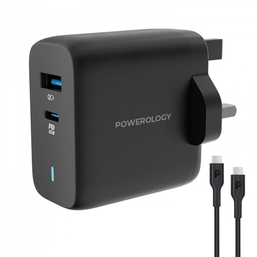 POWEROLOGY DUAL PORT ULTRA QUICK GaN CHARGER WITH USB C TO USB C 60W CABLE BLACK