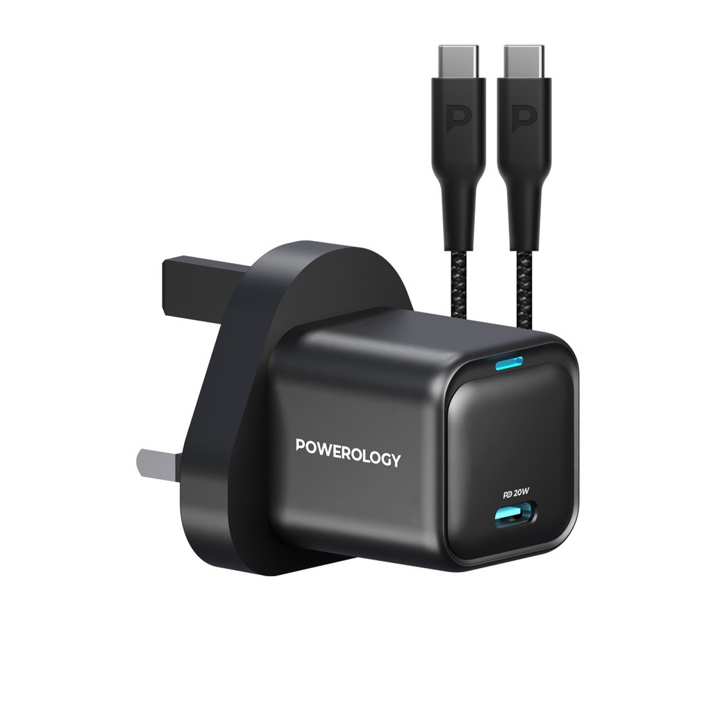 POWEROLOGY ULTRA COMPACT GAN CHARGER WITH USB-C TO USB -C CABLE 1.2M  PD 20W BLACK PWCUQC016-C