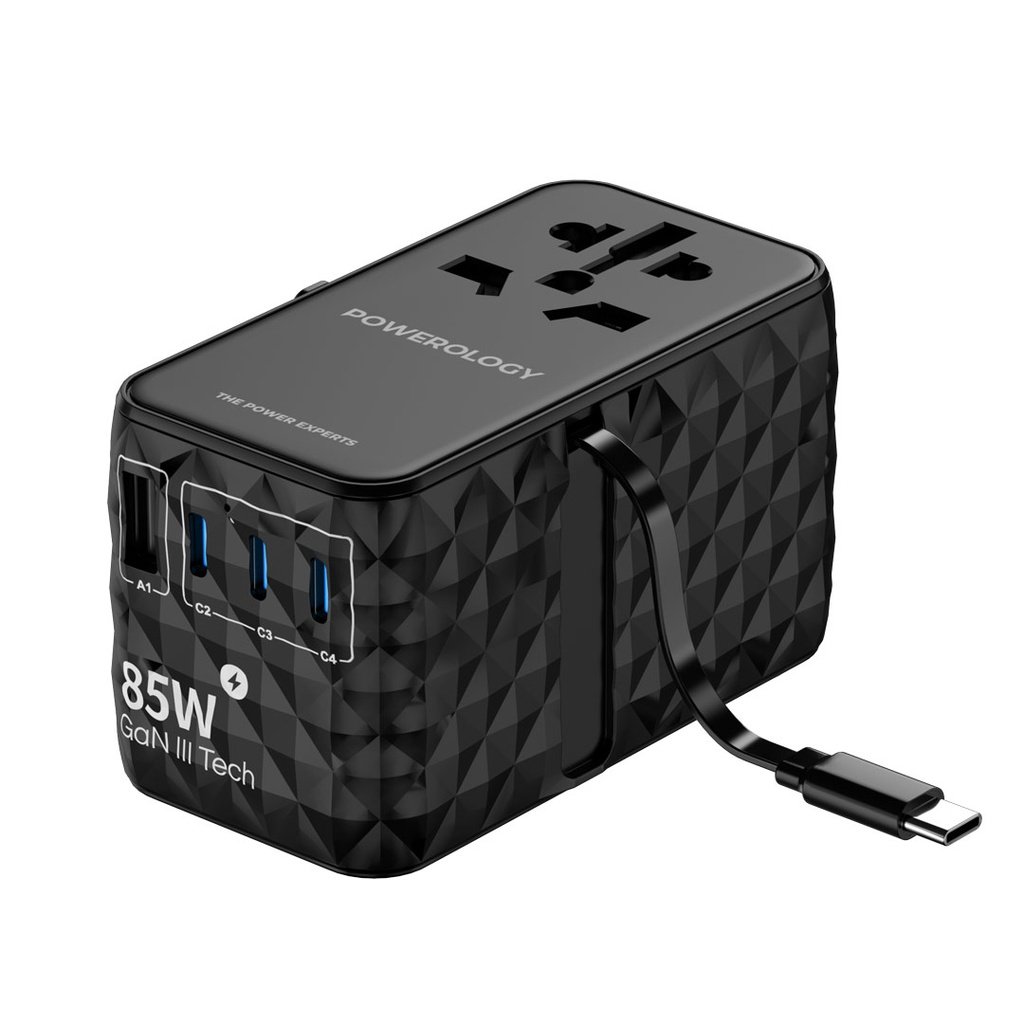 POWEROLOGY UNIVERSAL GAN 85W SUPER CHARGER RETRACTABLE TYPE -C CABLE BALCK  PWCUQC026BK