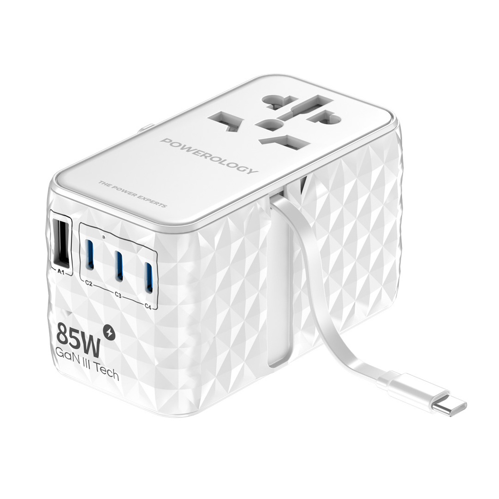 POWEROLOGY UNIVERSAL GAN 85W SUPER CHARGER RETRACTABLE TYPE -C CABLE WHITE  PWCUQC026WH