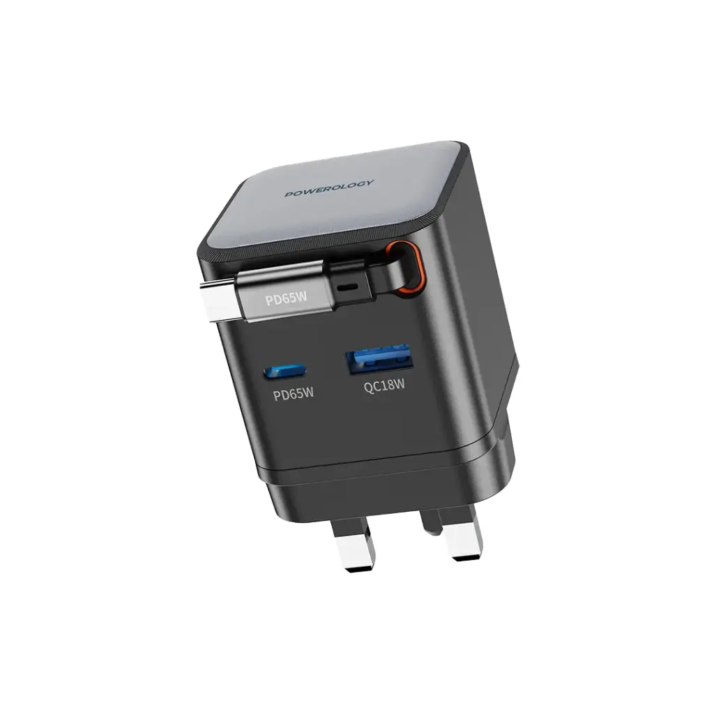 POWEROLOGY DUAL OUTPUT RETRACTABLE 65W GAN CHARGER BLACK PWCUQC031BK