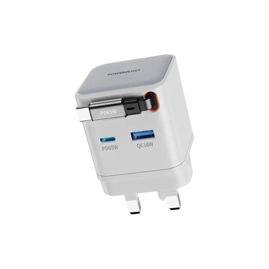 POWEROLOGY DUAL OUTPUT RETRACTABLE 65W GAN CHARGER WHITE PWCUQC031WH