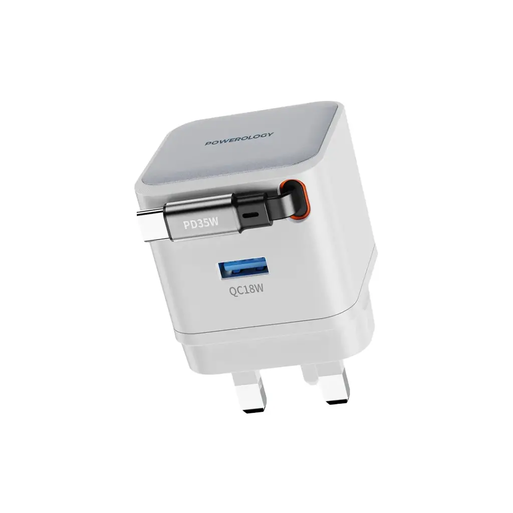 POWEROLOGY DUAL OUTPUT RETRACTABLE 35W GAN CHARGER WHITE PWCUQC032WH