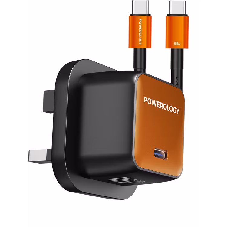 POWEROLOGY QX 45W POCKET SIZED GAN ADAPTER WITH TYPE C CABLE BLACK/ORANGE PWCUQC055BKOGC
