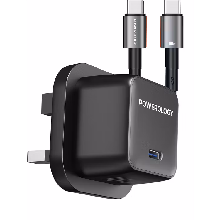 POWEROLOGY QX 45W POCKET SIZED GAN ADAPTER WITH TYPE C CABLE BLACK PWCUQC055BKC