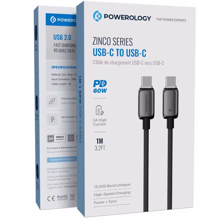 POWEROLOGY ZINCO SERIES USB C TO USB C PD60W CHARGING CABLE 1M GRAY PWDC60DGY thumbnail 5