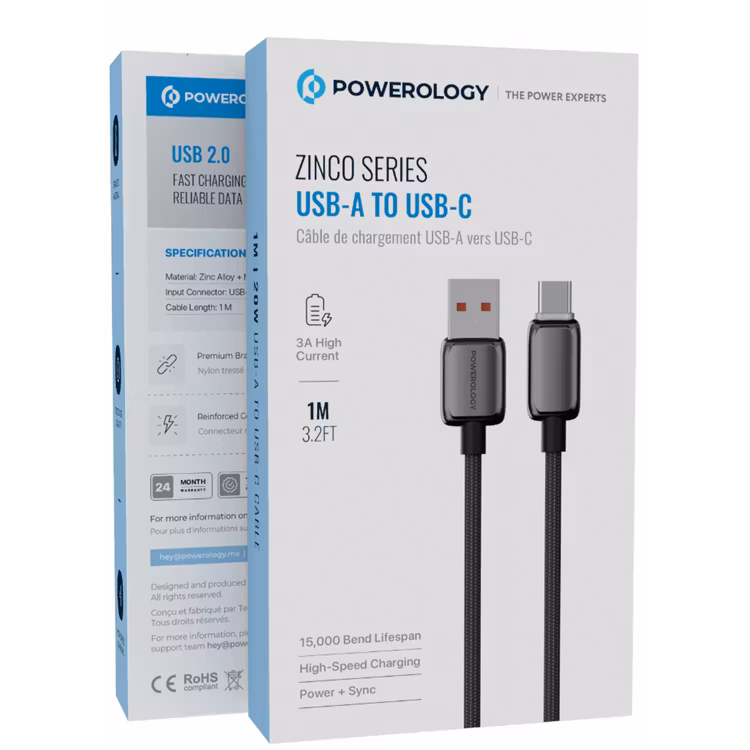 POWEROLOGY ZINCO SERIES USB A TO USB C CHARGING CABLE 1M DARK GREY PWDC99DGY thumbnail 3