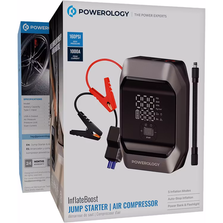 POWEROLOGY INFLATE BOOST JUMP STARTER AIR COMPRESSOR BLACK PWKF03MBK thumbnail 4