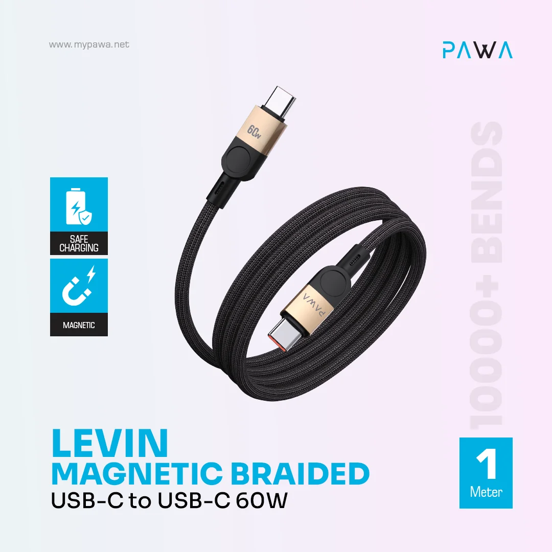 PAWA LEVIN MAGNETIC BRAIDED USB C TO USB C 60W CABLE 1M DESERT BLACK PW-12BDM251-DTBK thumbnail 3