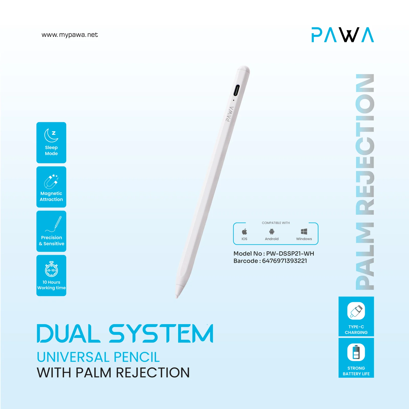 PAWA DUAL SYSTEM UNIVERSAL PENCIL WITH PALM REJECTION WHITE PW-DSSP21-WH thumbnail 4