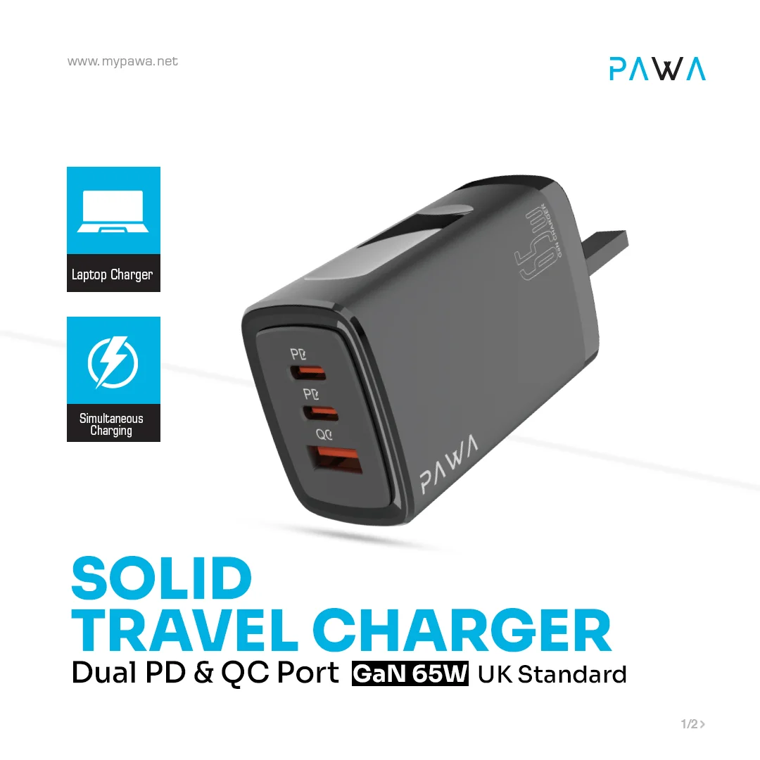 PAWA SOLID TRAVEL DUAL PD AND QC PORT CHARGER GAN 65W UK BLACK PW-TA65PDUK-BK thumbnail 3