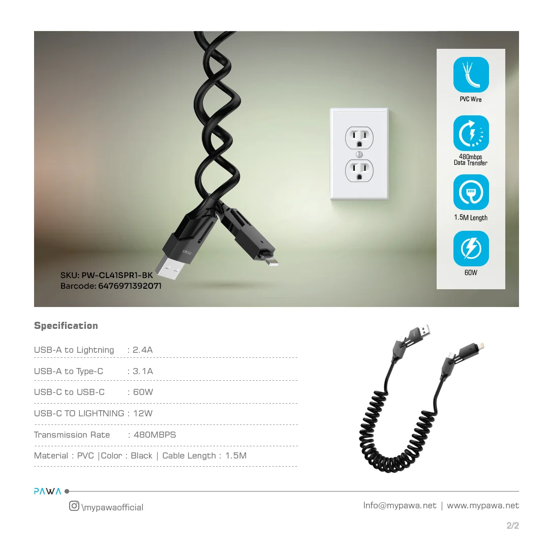 PAWA 4 IN 1 60W SPRING CHAGING CABLE 1.5M BLACK CL41SPR1-BK thumbnail 4