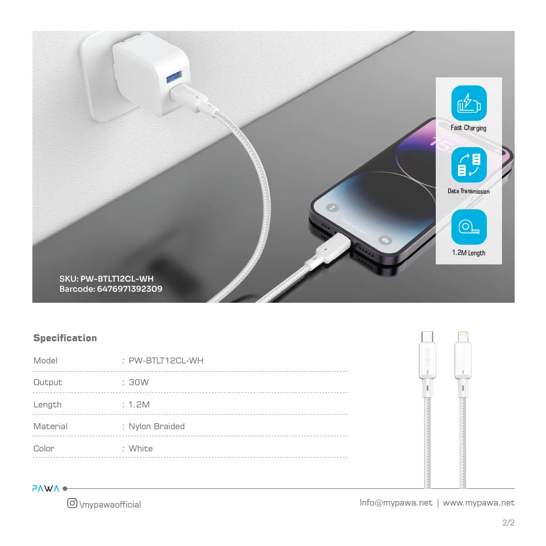 PAWA 30W USB C TO LIGHTNING QUICK CHARGING BRAIDED CABLE 1.2M PW122 WHITE PW-BTLT12CL-WH thumbnail 4