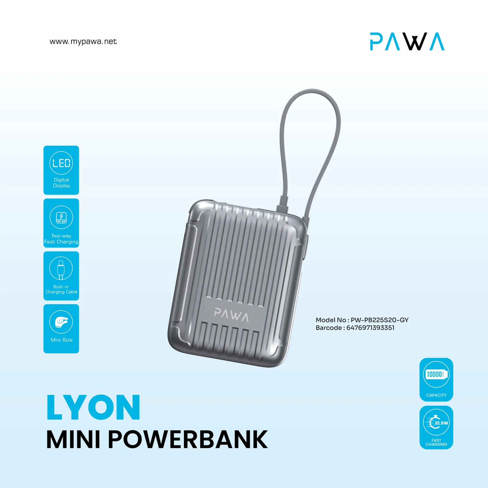 PAWA LYON MINI POWER BANK 10000MAH GRAY PW-PB225S20-GY thumbnail 4