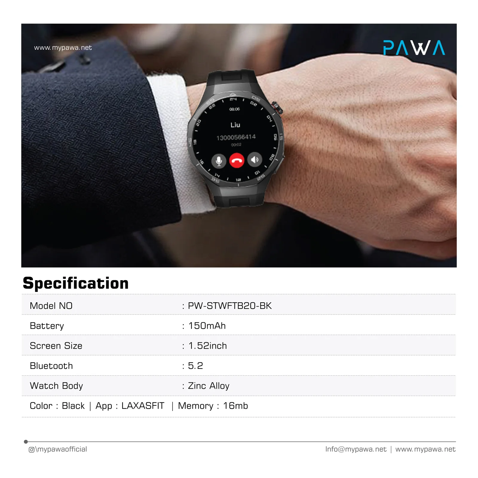 PAWA SAGA SMART WATCH WITH 1.52 INCH FULL TOUCH DISPLAY BLACK PW-STWFTB20-BK thumbnail 2