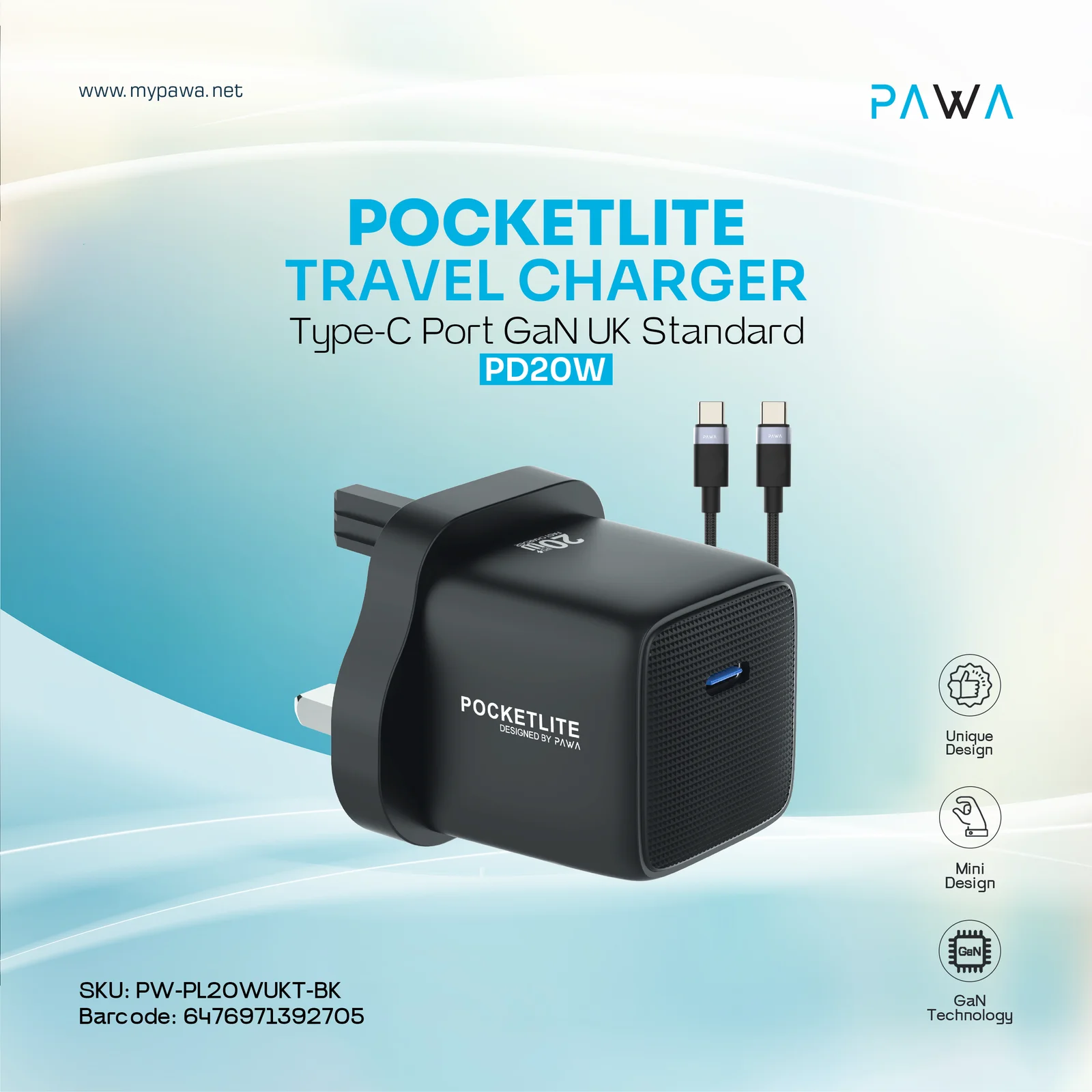 PAWA POCKETLITE TRAVEL CHARGER TYPE-C PORT GAN P20W TYPE C CABLE BLACK PW-PL20WUKT-BK thumbnail 3