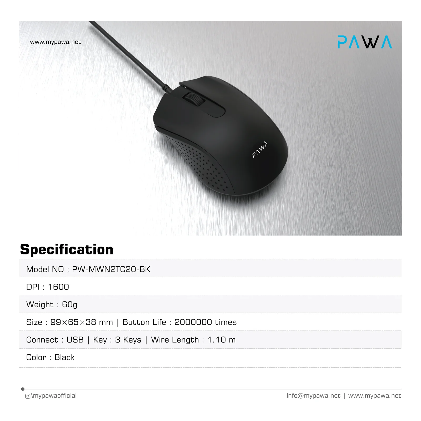 PAWA SLEEK WIRED MOUSE 1200DPI BLACK PW-MWN2TC20-BK thumbnail 3
