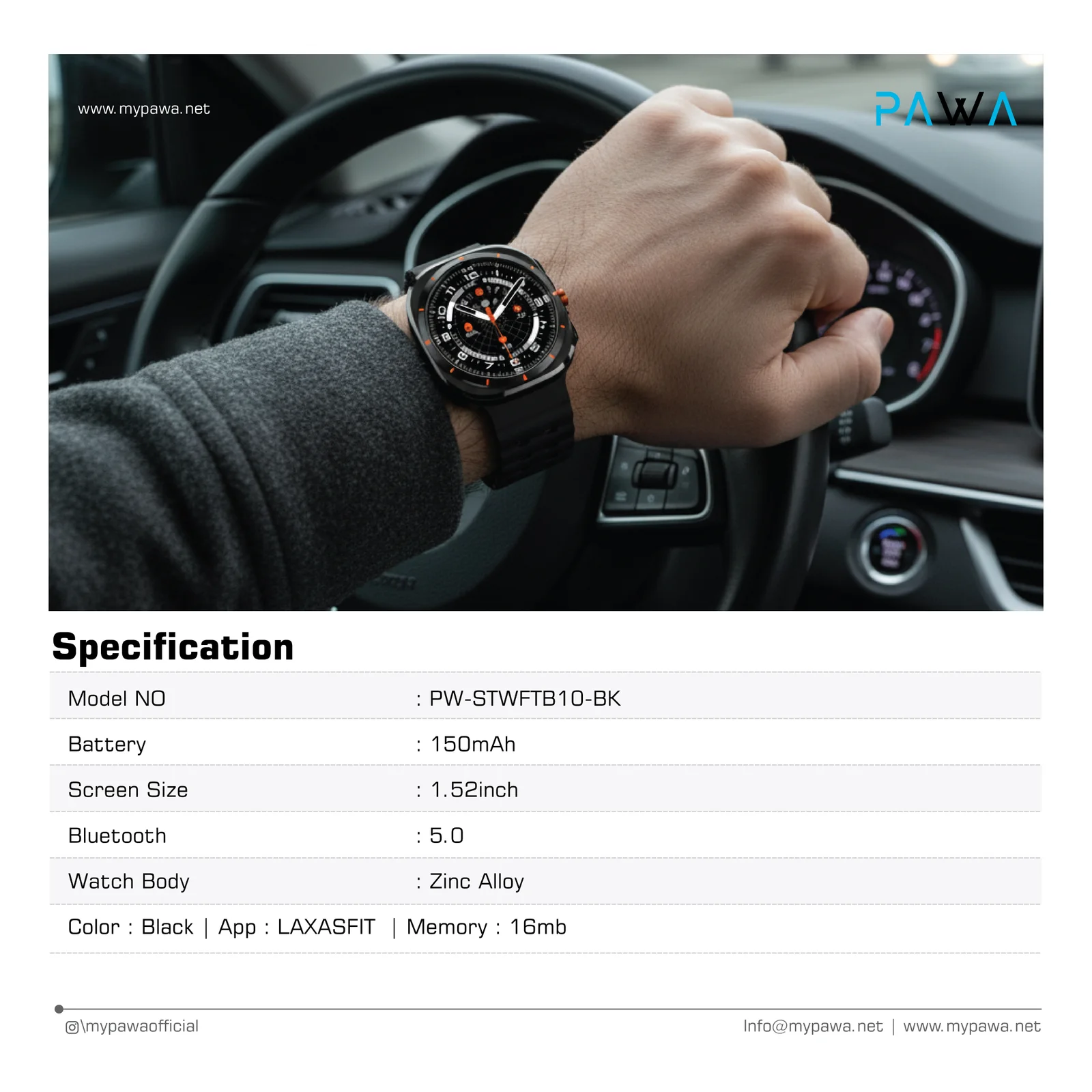 PAWA ASPIRE SMART WATCH WITH 1.52 INCH DISPLAY BLACK PW-STWFTB10-BK thumbnail 3