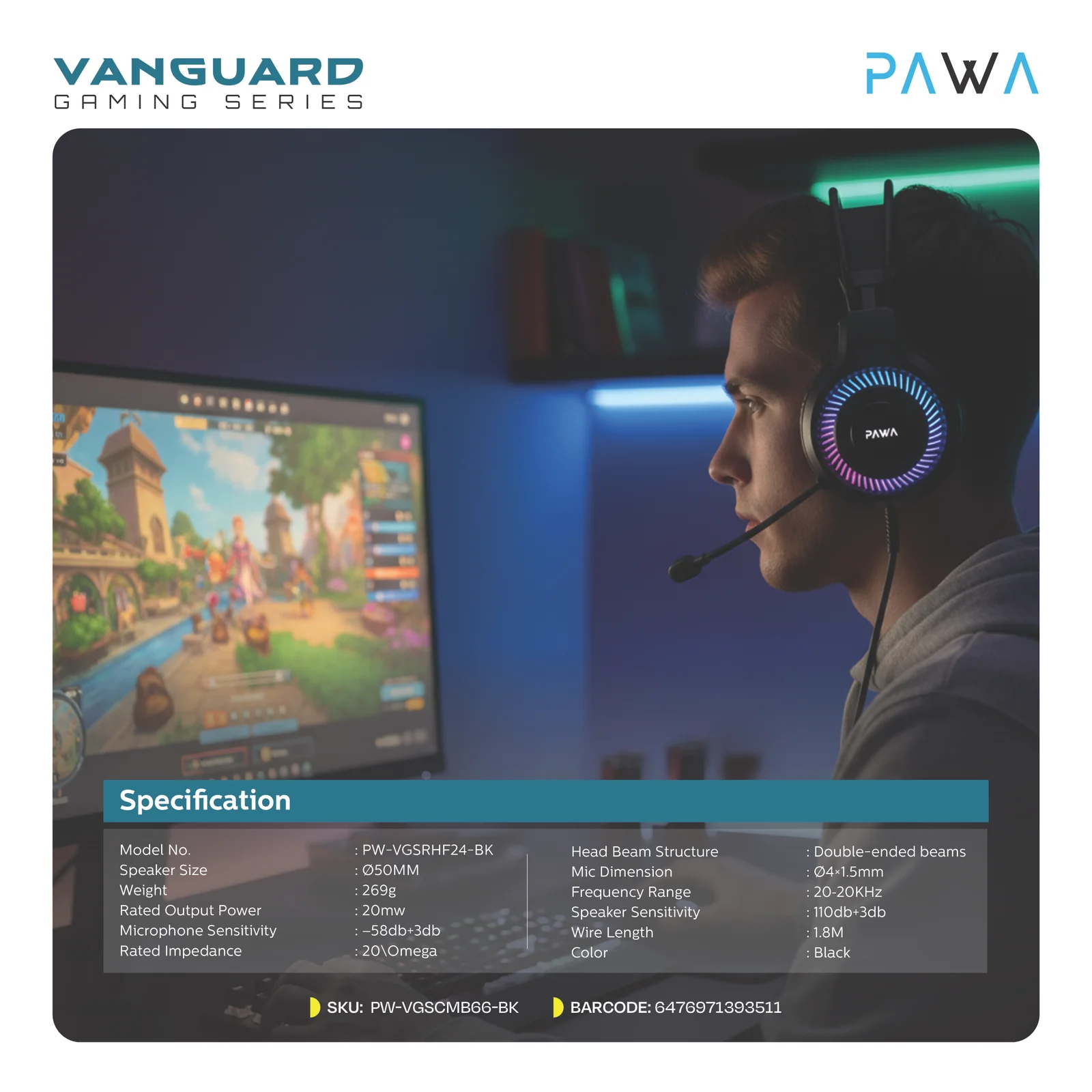 PAWA VANGUARD GAMING SERIES GLARE WIRED GAMING HEADPHONE WITH 3.5MM+USB PLUG BLACK PW-VGSRHF24-BK thumbnail 3