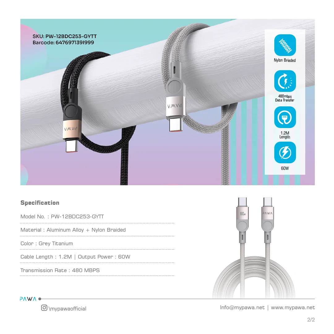 PAWA LEVIN USB C TO USB C BRAIDED CABLE 1.2M 60W GREY TITANIUM PW-12BDC253-GYTT thumbnail 4
