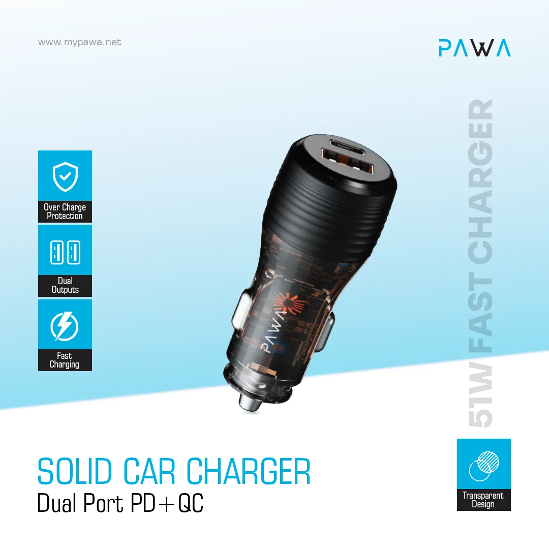 PAWA SOLID CAR CHARGER DUAL PORT PD+QC 51W TRANSPARENT PW-CC51WCA1-TP thumbnail 3