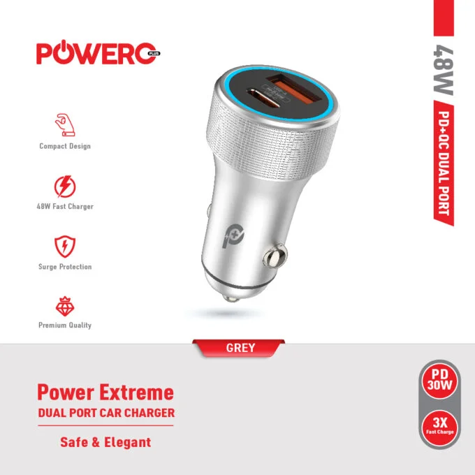 POWERO PLUS 48W POWER EXTREME DUAL PORT CAR CHARGER WITH TYPE C TO LIGHTNING CABLE PD30W GREY PR-CCPD48CC-GY thumbnail 3