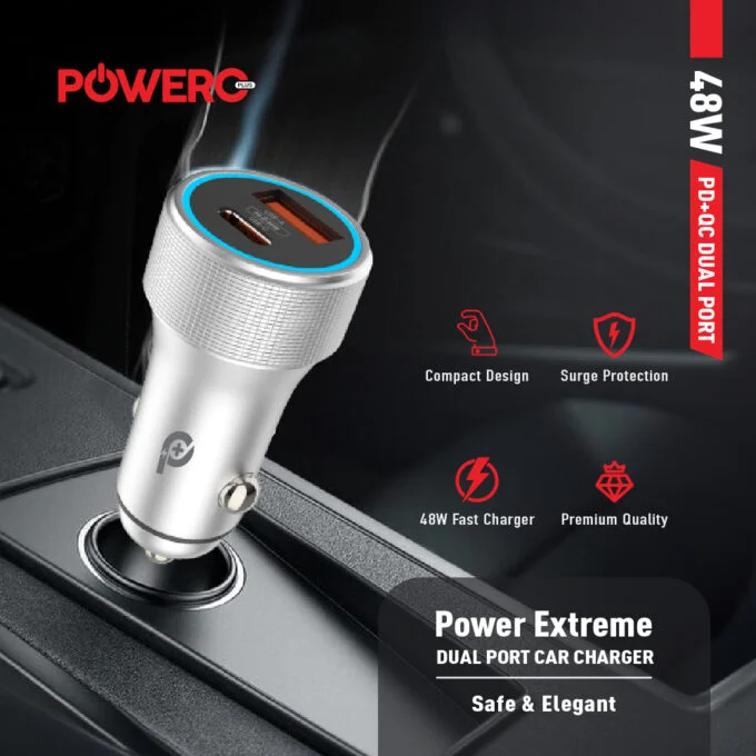 POWERO PLUS 48W POWER EXTREME DUAL PORT CAR CHARGER WITH TYPE C TO LIGHTNING CABLE PD30W GREY PR-CCPD48CC-GY thumbnail 2