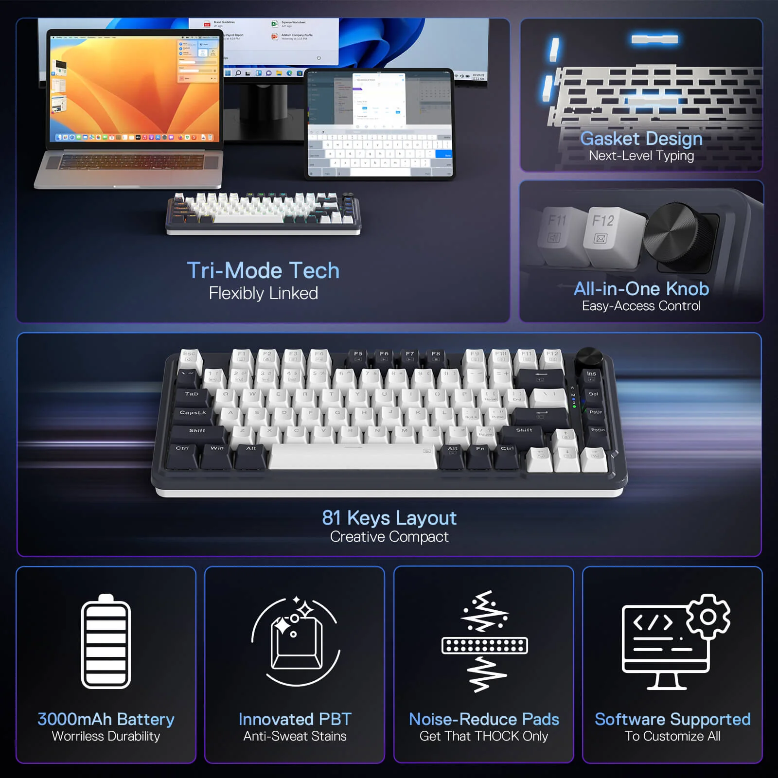 Redragon 75% Wireless Gasket Gaming Keyboard – Sleek Design Meets Exceptional Performance (White/Black, K673WB RGB Pro) thumbnail 7