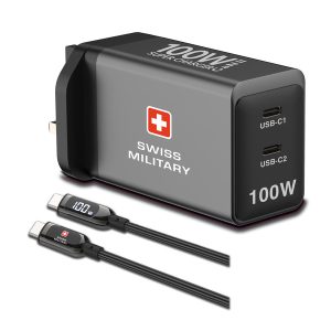 SWISS MILITARY 100W TRAVEL ADAPTER GAN II SUPER CHARGER WITH USB C TO USB C CABLE WHITE SM-TC-100W-GAN-MINI-WLD-WHITE