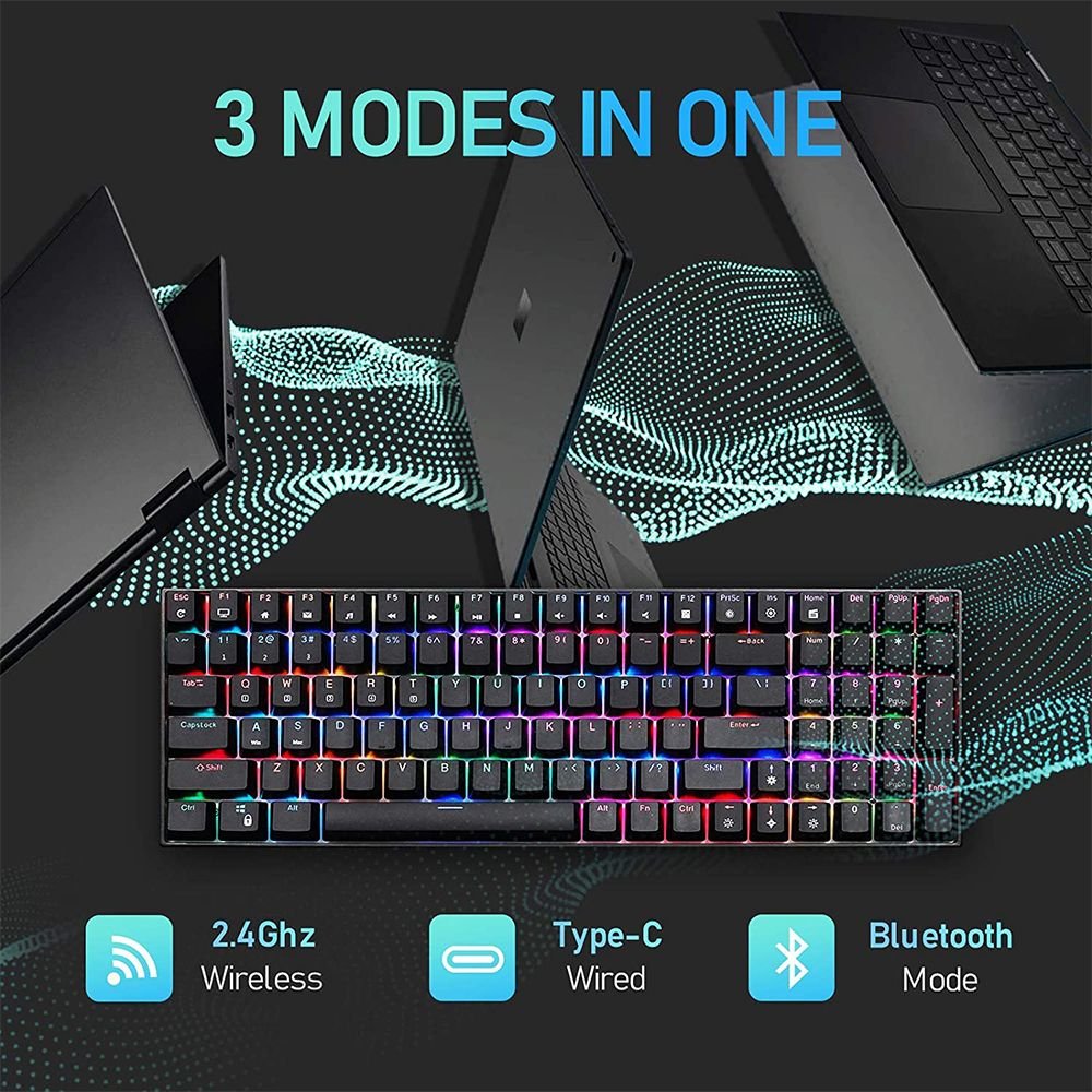 ROYAL KLUDGE GAMING KEYBOARD RGB TRI MODE HOT PLUG BLUE SWITCH BLACK RK100 thumbnail 2