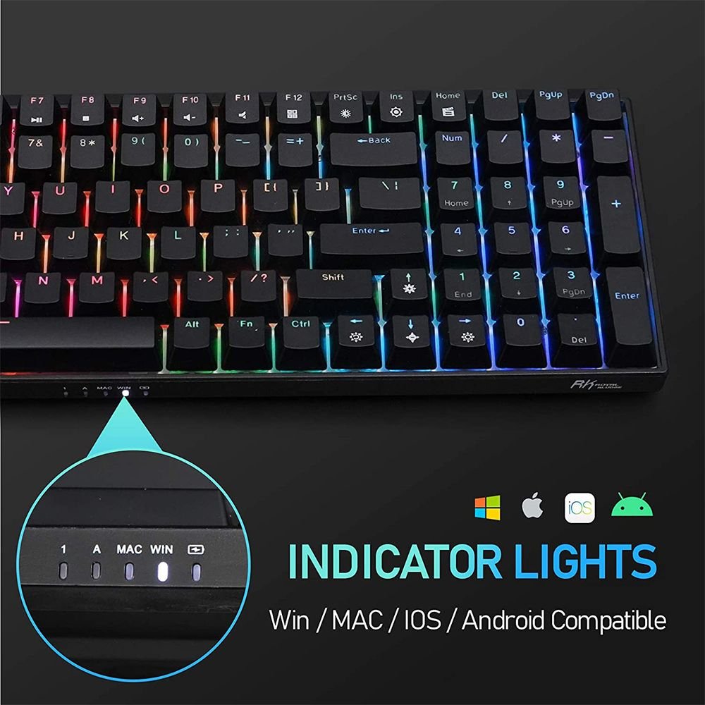 ROYAL KLUDGE GAMING KEYBOARD RGB TRI MODE HOT PLUG BLUE SWITCH BLACK RK100 thumbnail 4