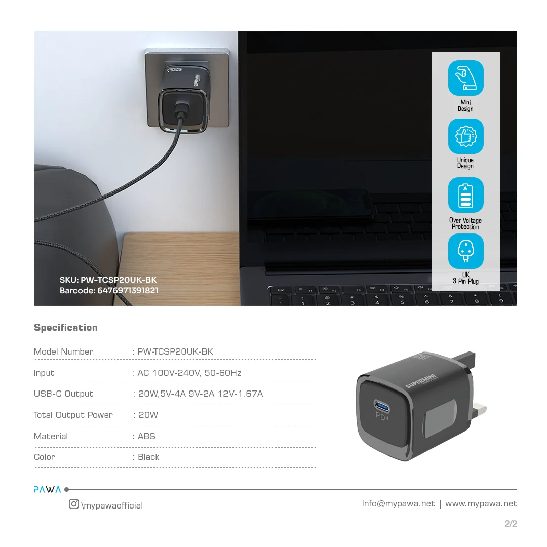 PAWA SUPERMINI TRAVEL CHARGER TYPE C PORT PD20W BLACK PW-TCSP20UK-BK thumbnail 4