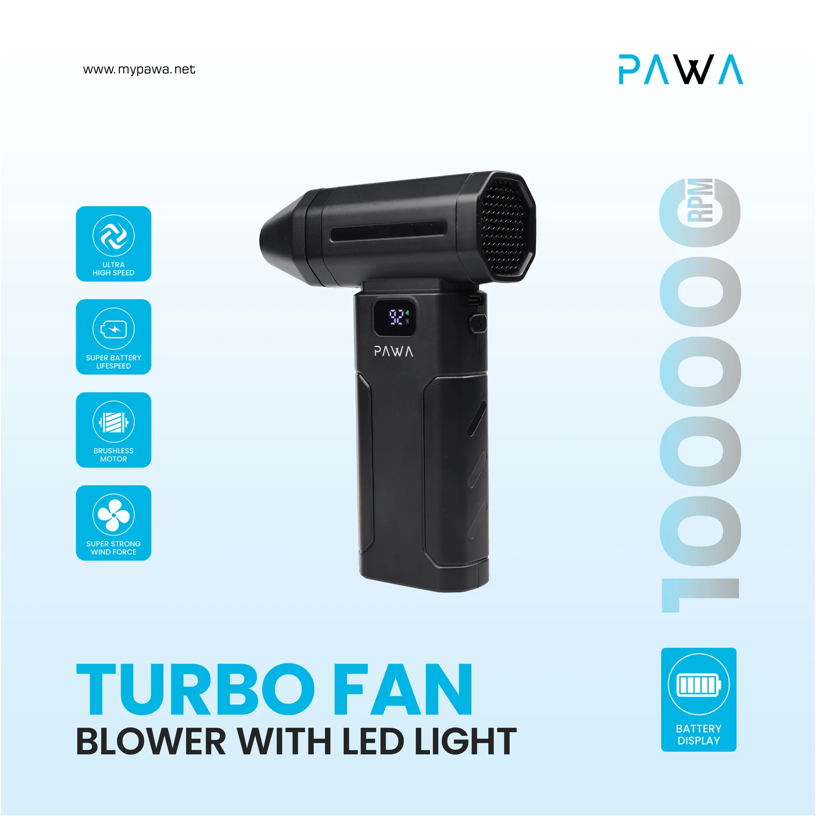 PAWA TURBO FAN BLOWER WITH LED LIGHT BLACK PW-LSTGG100-BK thumbnail 2