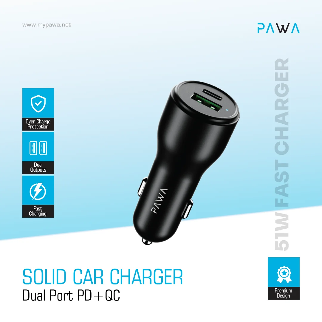 PAWA SOLID CAR CHARGER DUAL PORT PD+QC 51W BLACK PW-CC51WCA5-BK thumbnail 3